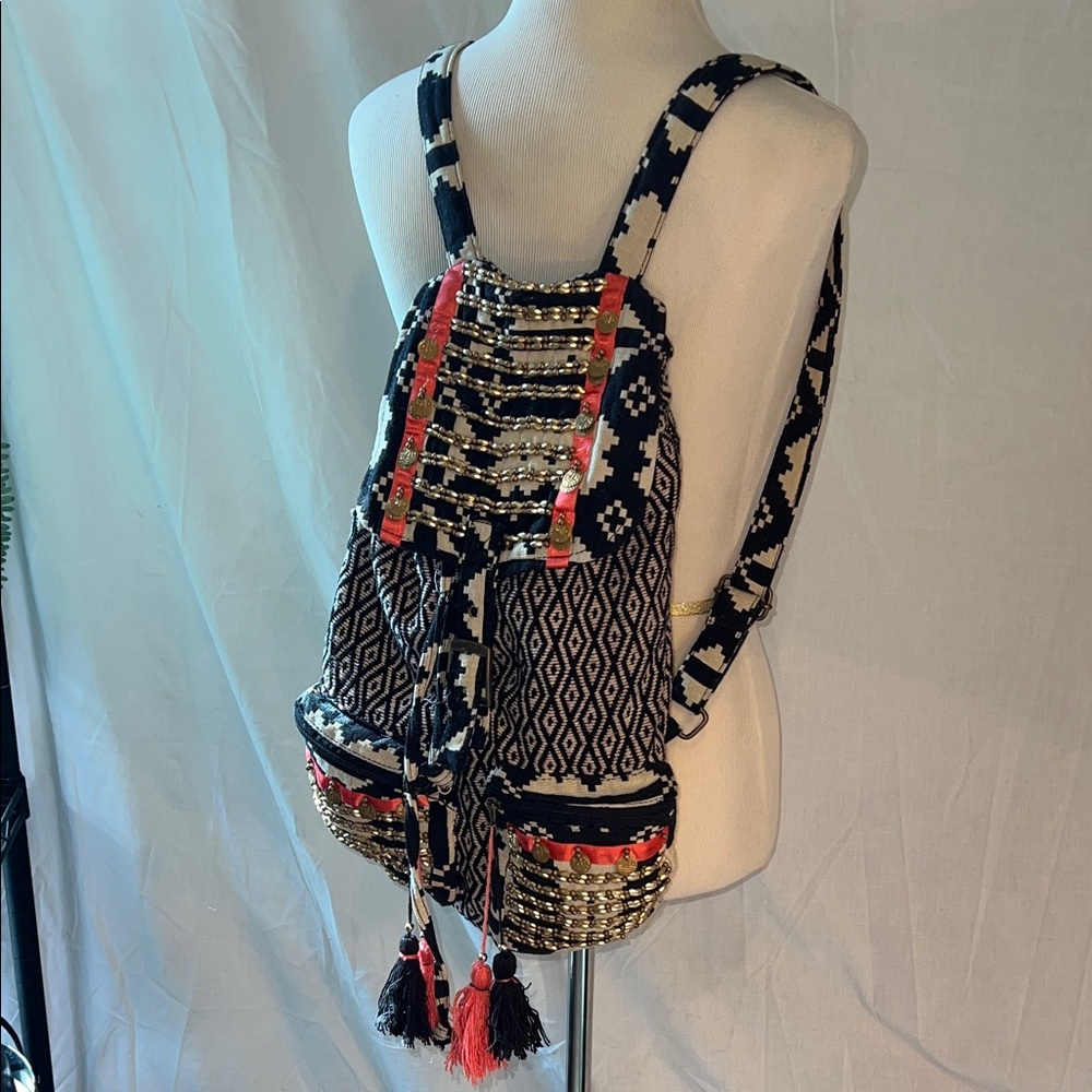 🪸Boho Black & Cream Woven. Backpack with Coral Accents🪸